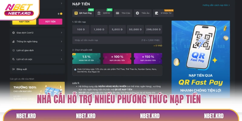 Nhà cái hỗ trợ nhiều phương thức nạp tiền NBET